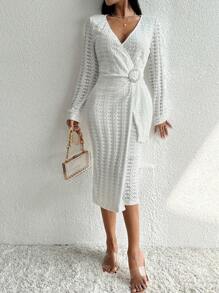 SHEIN VCAY V-neck Cutout Wrap Dress - White - View 1
