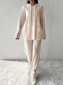 SHEIN Essnce Women'S Tracksuit Set: Crop Top Sweatshirt And Jogger Pants With Drawstring - Apricot - View 4