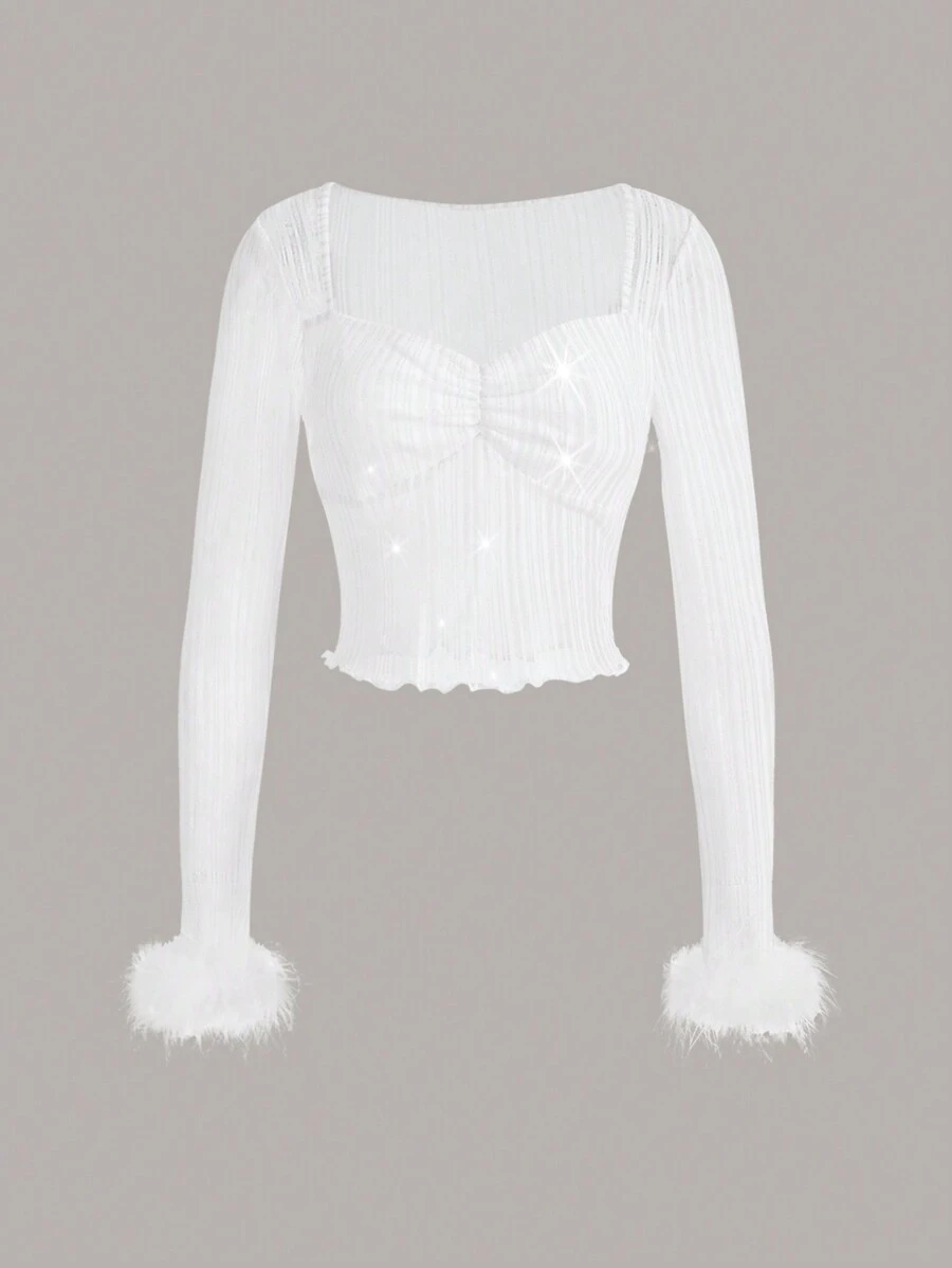 SHEIN ICON 女士荷葉邊菱形領口上衣,帶有波浪邊袖口 - 白色 - 查看 1