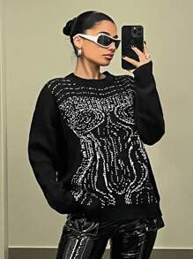 SHEIN ICON Extra-loose Fit Women's Sweater With Human Body Pattern - Black and White - View 1