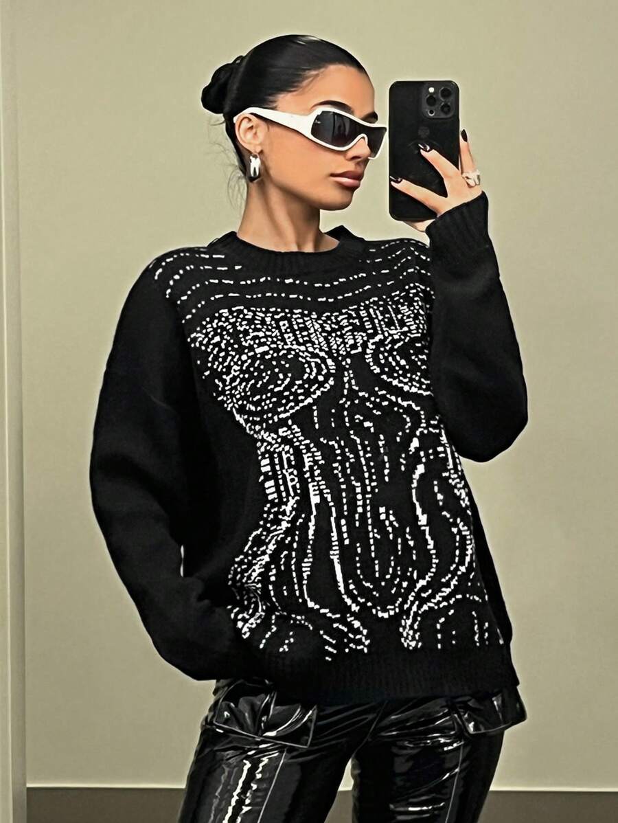SHEIN ICON Extra-loose Fit Women's Sweater With Human Body Pattern - Black and White - View 1