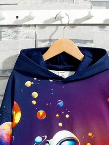 SHEIN Tween 男孩休閒連帽運動衫,太空人和外太空元素印花針織寬鬆款 - 彩色 - 查看 3