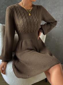 SHEIN Frenchy Lantern Sleeve Cable Knit Sweater Dress - Mocha Brown - View 1