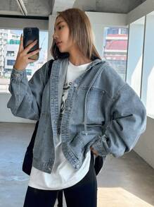 Dazy Star Ladies' Drawstring Hooded Denim Jacket Y2k