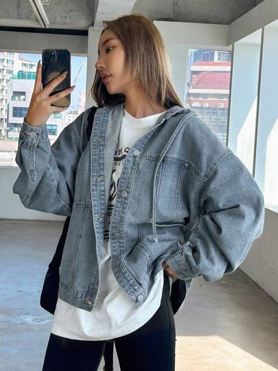 Dazy Star Ladies' Drawstring Hooded Denim Jacket Y2k