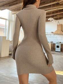 SHEIN Unity Turtleneck Solid Ribbed Knit Sweater Dress - Apricot - View 2