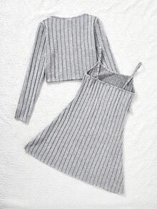 Cô gái Ấm áp Mùa Đông Giải trí Đơn sắc Dệt kim Áo len Mở Với Dây đeo Đầm - Xám - Xem 2