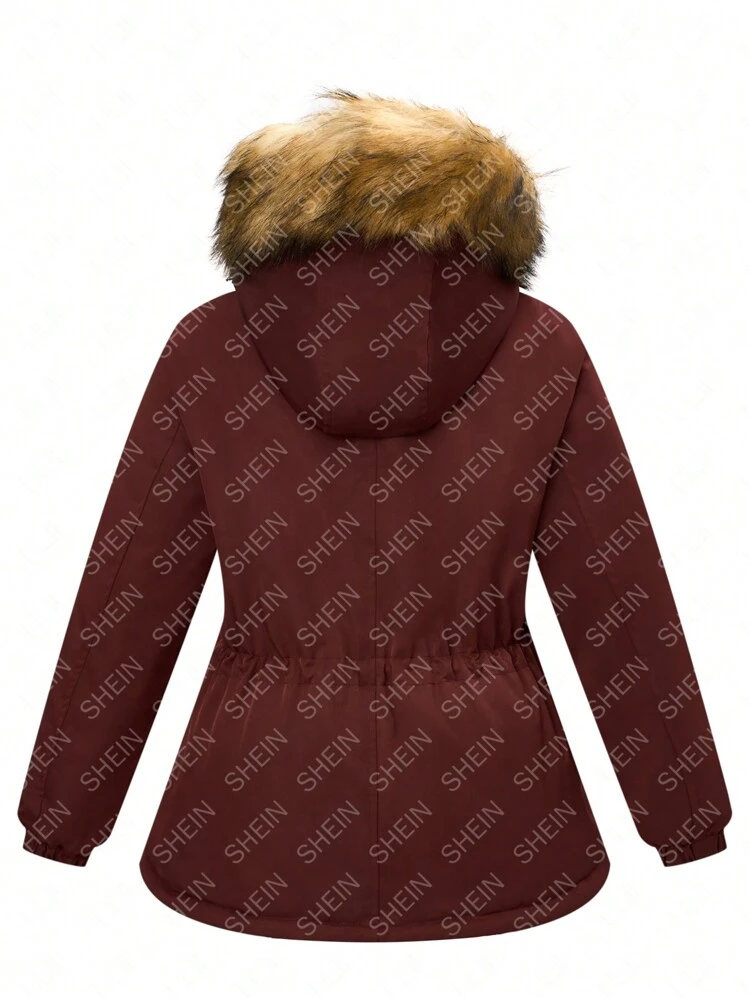 Plus Drawstring Waist Fuzzy Trim Hooded Thermal Lined Parka Padded Coat Clothes Winter Fall Cloth For Women