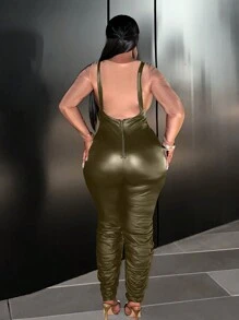 Slaydiva Jumpsuit Ukuran Plus Backless Ruched Zip Plain Pesta - Hijau Tentara - View 2