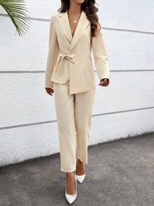 SHEIN Privé 尖領蝴蝶結西裝外套和褲子套裝 - 杏色 - 查看 4