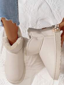 女性保暖荔枝紋pu皮雪地靴,低筒設計,白色時尚款 - 米色 - 查看 4