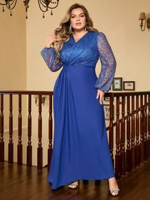 Plus Contrast Sequin Lantern Sleeve Dress - Blue - View 1
