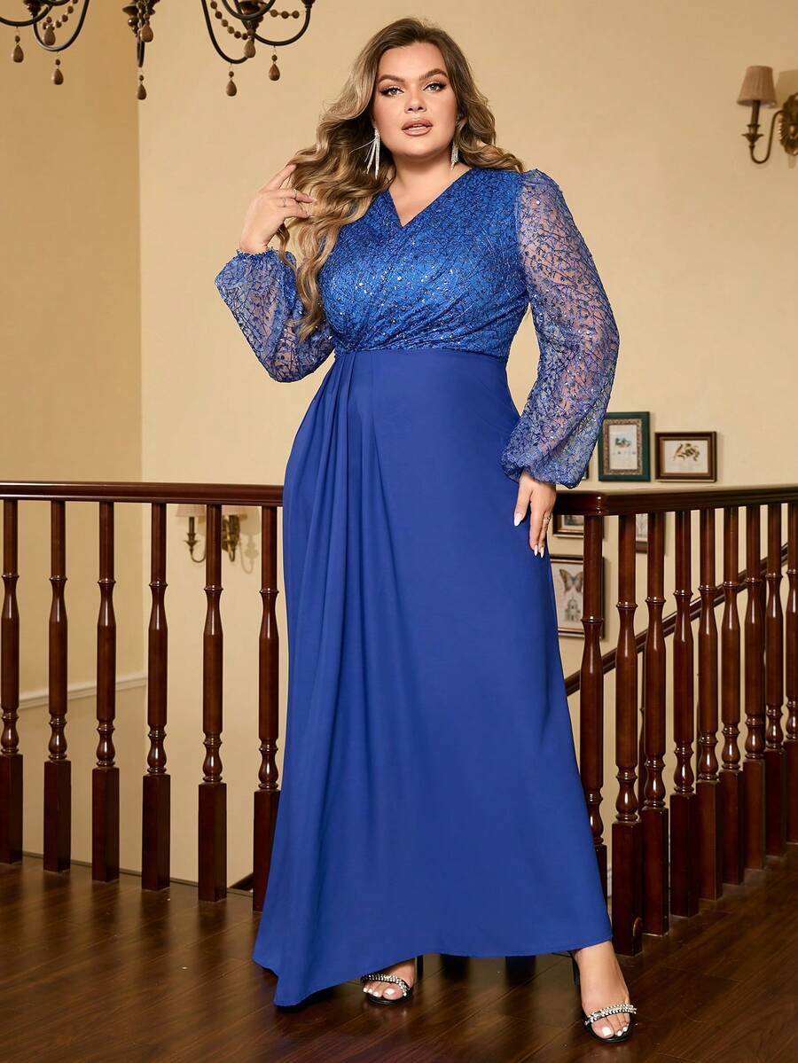 Plus Contrast Sequin Lantern Sleeve Dress - Blue - View 1