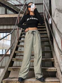 SHEIN Unity 女士高腰束口寬腿褲 - 綠色 - 查看 6