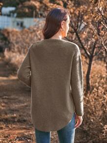 GENKIRA Pull tricoté à épaules tombantes avec détail de bouton, couleur unie, pour l'automne et l'hiver - Marron - Voir 3
