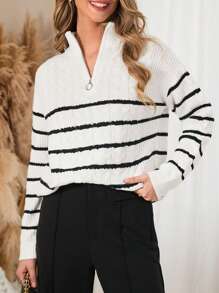 SHEIN Frenchy Striped Zipper Half Placket Sweater - Black and White - View 1