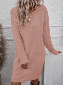 SHEIN Essnce 純色落肩圓領大輪廓毛衣連身裙 - 藕粉色 - 查看 6