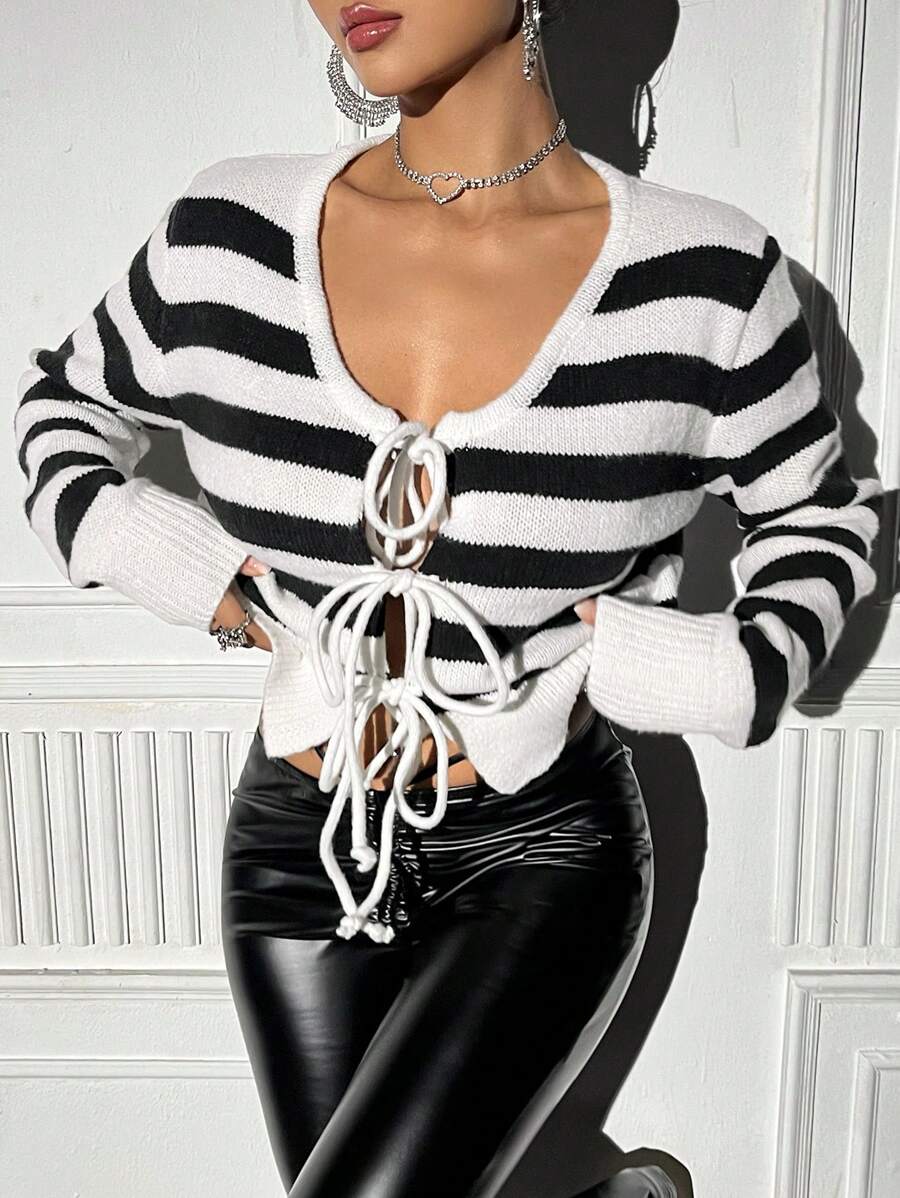 SHEIN Unity Women's Striped Front Tie Cardigan - Black and White - View 1