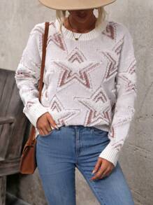 SHEIN LUNE Women's Drop Shoulder Star Pattern Sweater - Apricot - View 1