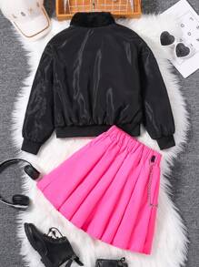SHEIN Tween 女童毛绒衬里夹克和链条细节短裙两件套 - 彩色 - 查看 2
