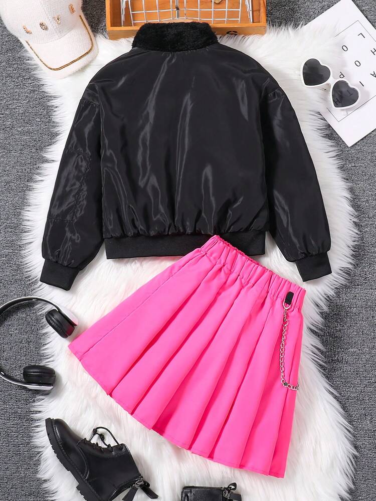 Tween Girl's Fuzzy Lined Jacket And Chain Detail Skirt Two-Piece Set