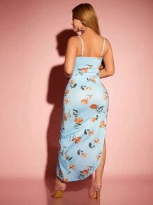 SHEIN SXY Của phụ nữ Hoa In Bên Dây rút Váy Dây - Màu xanh nhạt - Xem 2