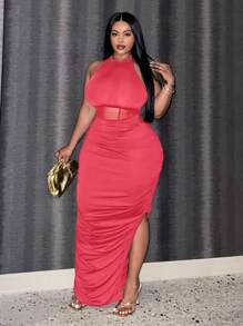 Slaydiva Plus Mesh Insert Ruched Split Thigh Halter Dress - Hot Pink - View 4