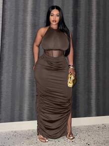 Slaydiva 女士無袖純色極簡網紗連衣裙 - 棕色 - 查看 5