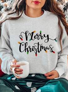 INAWLY Của phụ nữ Giáng sinh vui vẻ In Lông cừu Áo nỉ - Màu Xám nhạt - Xem 1