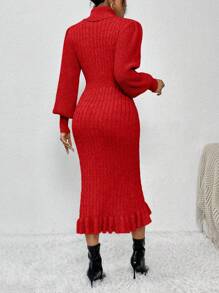 SHEIN Clasi Của phụ nữ Màu thuần Áo cao cổ Tay áo lồng đèn Đầm Áo len - Đỏ - Xem 2