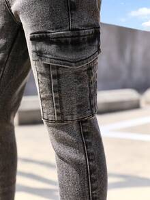 Young Girl Street Style Stretchy Jeans With Flap Pocket - Black - View 4