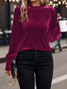 SHEIN Clasi Màu thuần Ren cổ áo Áo sơ mi - Màu Hồng Tươi - Xem 6
