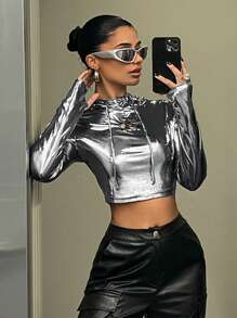 SHEIN ICON áo có mũ Ngắn Quần skinny Chặt Tay áo dài Áo thun - Bạc - Xem 5