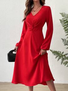 Chiquease Twist Front Lantern Sleeve Dress - Red - View 6