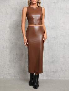 SHEIN Tall Của phụ nữ Mùa vụ Da giả Áo vest Và Bộ váy - Màu Khaki - Xem 3