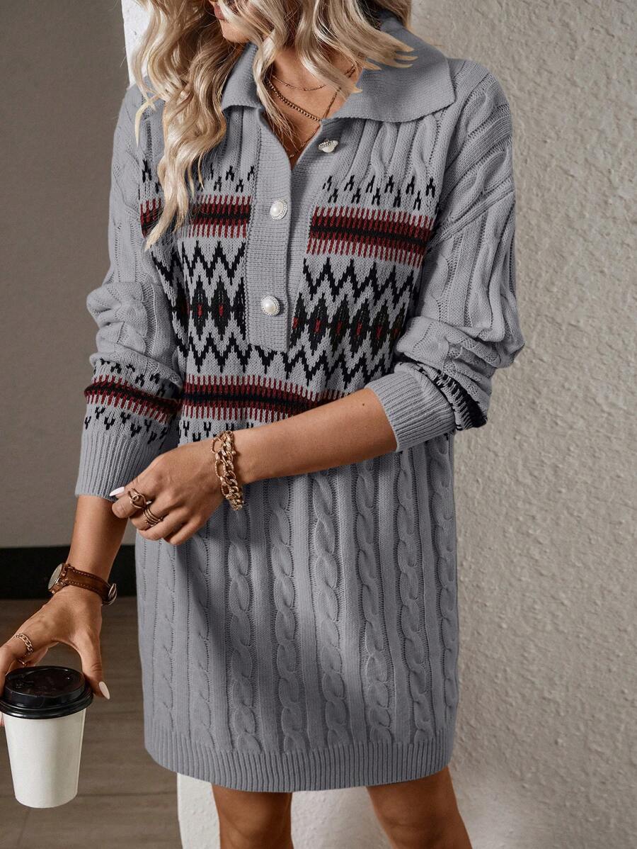 SHEIN Clasi Geometric Pattern Buttons Half Open Cardigan Sweater Dress - Grey - View 1