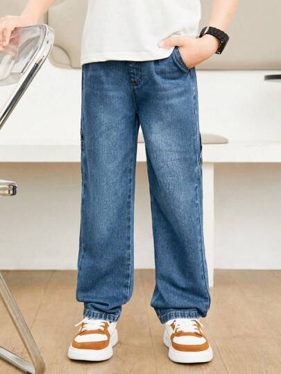 Tween Boy Casual Preppy Daily Light Wash Fully Elastic Waist Flat Pockets Baggy Jeans, School, Campus, College Chic Outfits For Autumn/Winter