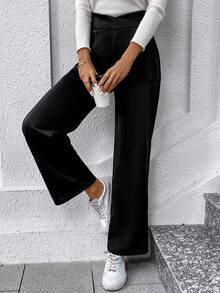 SHEIN LUNE 女款直筒毛呢褲配不對稱腰包設計 - 黑色 - 查看 3
