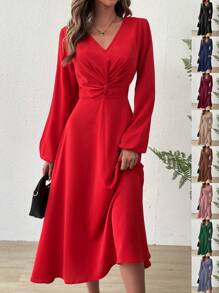 Chiquease Twist Front Lantern Sleeve Dress - Red - View 1
