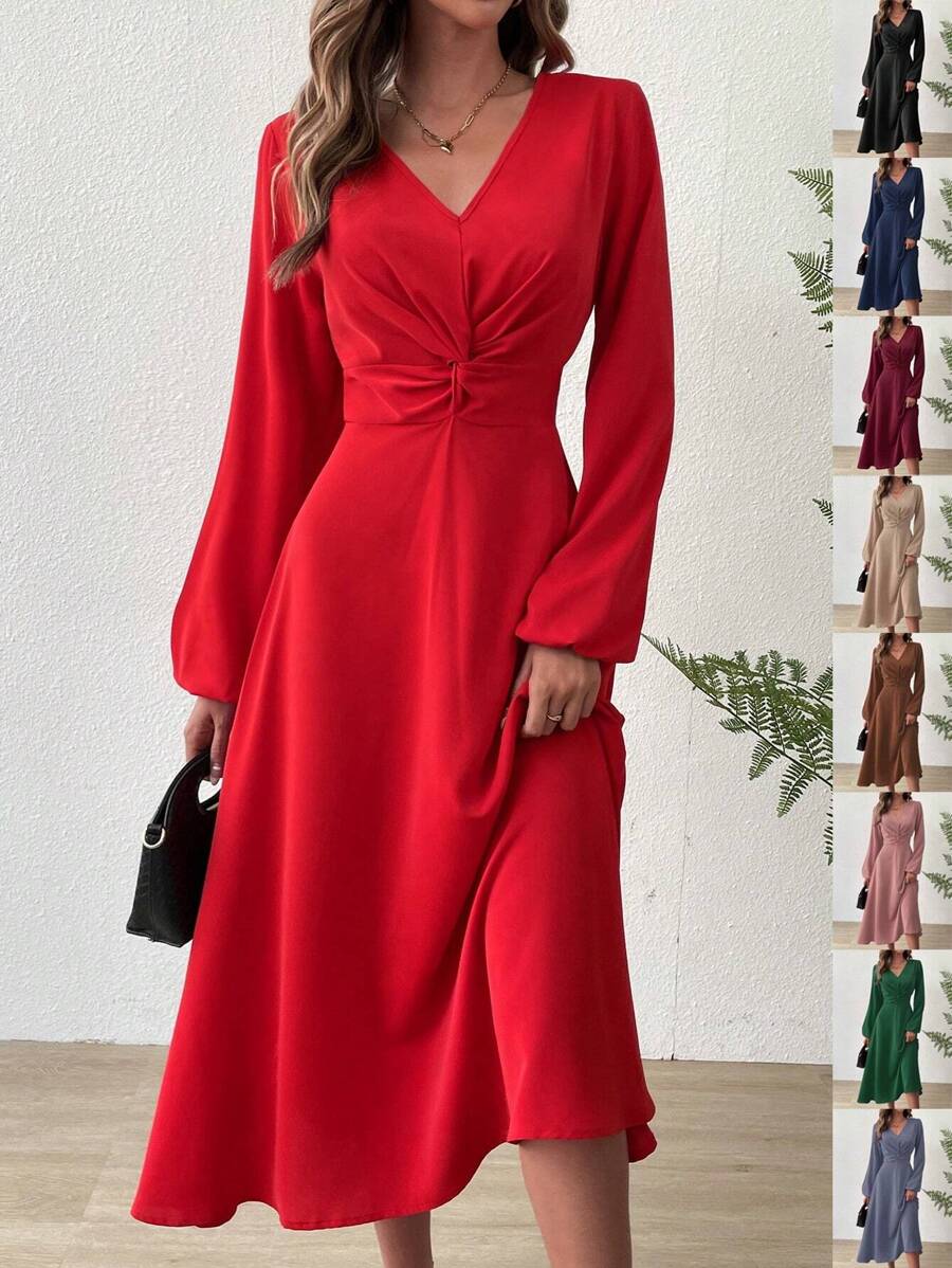 Chiquease Twist Front Lantern Sleeve Dress - Red - View 1