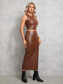 SHEIN Tall Của phụ nữ Mùa vụ Da giả Áo vest Và Bộ váy - Màu Khaki - Xem 5