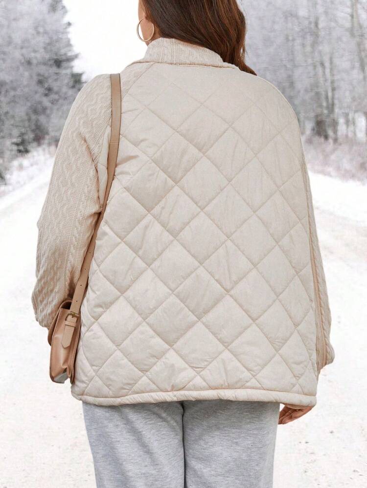 Plus Zip Up Contrast Sleeve Quilted Padded Coat Clothes Winter Fall Cloth For Women