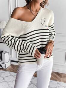 SHEIN Frenchy 條紋字母刺繡下擺放肩毛衣 - 黑色 - 查看 4