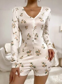 Floral Patterned Romper Pajamas - Apricot - View 4