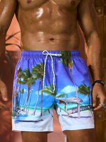 Surfspeed Men's Tropical Print Drawstring Waist Beach Shorts - Multicolor - View 5