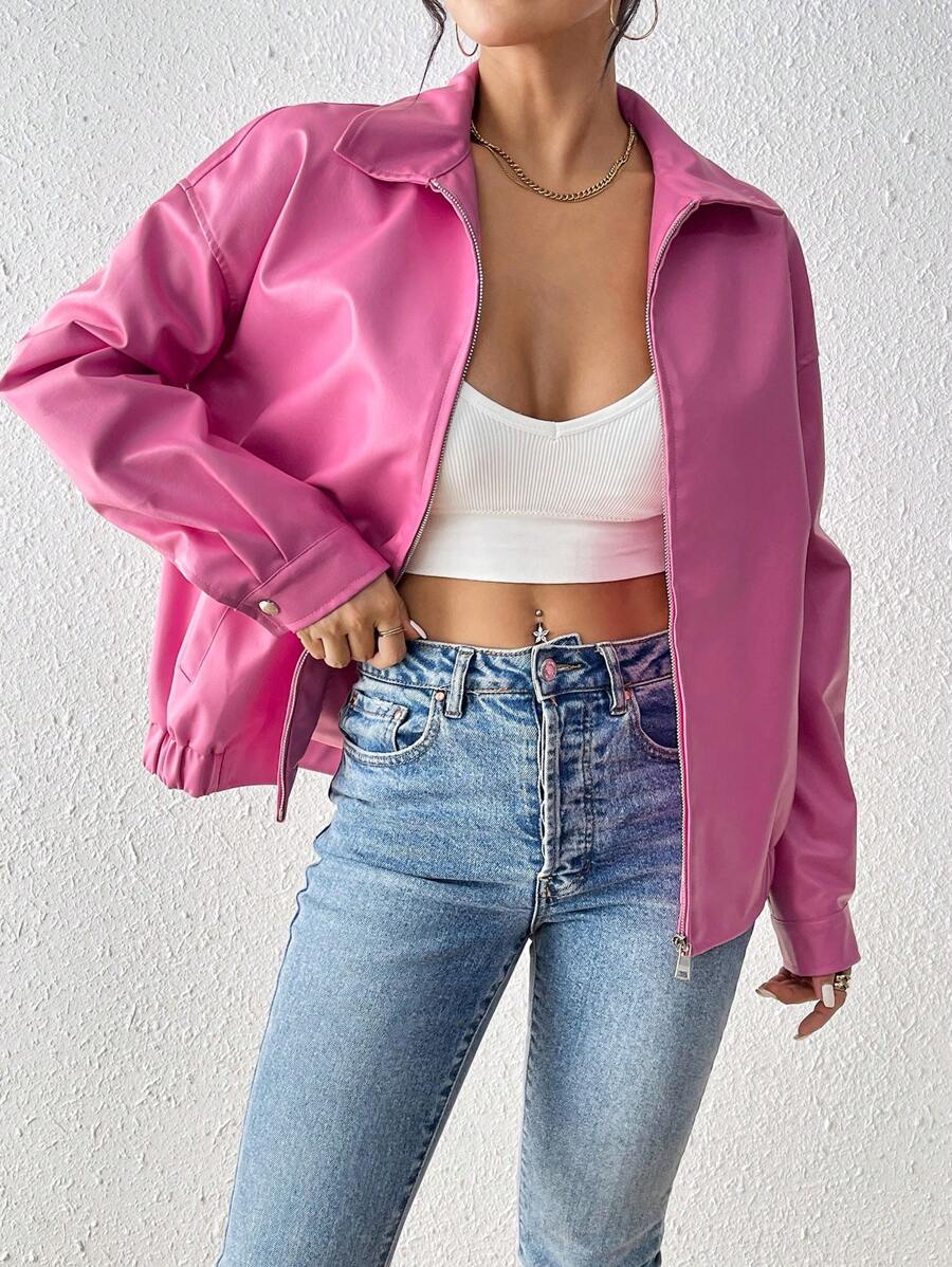 SHEIN EZwear 粉色落肩皮夾克 - 粉色 - 查看 1