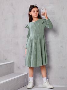 SHEIN Tween Girl Retro Ruffled Ribbed Knit A-Hem Waisted Long-Sleeved Dress - Green - View 3