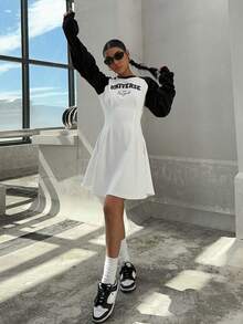 DAZY 女士字母印花插肩袖連身裙 - 白色 - 查看 5