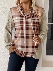 SHEIN LUNE 大尺寸格紋拼布抽繩領套頭衫 - 杏色 - 查看 4