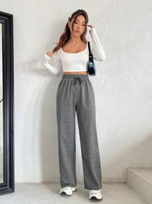 SHEIN EZwear 純色腰部束繩寬腿褲 - 深灰色 - 查看 4